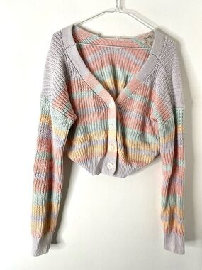 Jessica Simpson Pastel Stripe Knit Cardigan Cropped V Neck Button Front Sweater